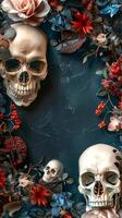 Skull and floral arrangement for Halloween decor. Skeleton heads surrounded by flowers. Concept of spooky celebration, autumn decoration, gothic art, design, Day of the Dead. Copy space. Vertical photo