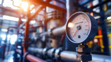 Close-up of a pressure gauge in an industrial factory. Concept of manufacturing, machinery, engineering, production process photo