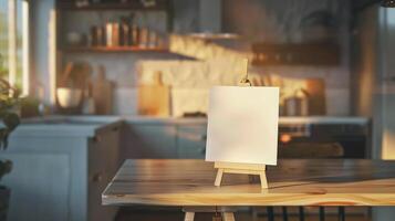 Empty canvas on an easel in a cozy kitchen. Blank paper ready for notes or art. Concept of home creativity, recipe jotting, home crafts, and kitchen memo. Copy space. photo