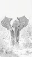 Cute baby Elephant in a pure white high-key environment. Monochromatic elephant portrait emphasizing tranquility. Concept of simplicity, natural grace, and minimalist wildlife art. Vertical photo