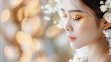 Asian woman with gold eyeshadow and flowers in hair. Concept of beauty, makeup, elegance, tranquility. Beautiful bride. Copy space photo