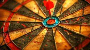 Close-up image of a dartboard with a dart hitting the bullseye. Concept of accuracy, precision, goal achievement, target focus photo