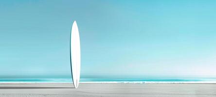 Surfboard standing on sandy beach. Surfboard upright on shoreline. Concept of summer, surfing, beach activities, and coastal lifestyle. Copy space. Banner photo