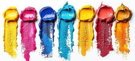 Colorful oil paint strokes in a row on a white background. Concept of vibrant art, painting materials, creative expression, abstract design. Paint stains isolated on white photo