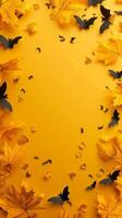 Autumn leaves and paper bats on a yellow background. Fall foliage, Halloween decorations, seasonal concept, festive design.. Copy space. Vertical photo