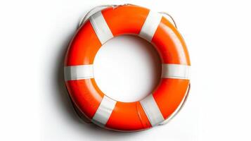 Orange and white lifebuoy isolated on a white background. Concept of safety, emergency rescue equipment, maritime safety, and precaution photo
