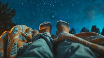 Feet in wool socks under a blanket with a starry sky background. Person stargazing in the evening. Concept of relaxation, night sky, cozy mood, outdoor activity photo