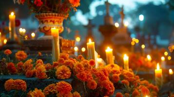 Marigold flowers and candles on a cemetery on the Day of the Dead. Vibrant orange florals and lit candles in a graveyard setting. Concepts of tradition, remembrance, and cultural celebration photo