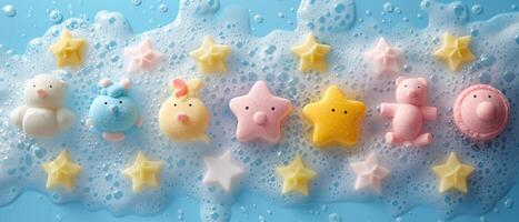 Assorted cute animal and star-shaped bath bombs for children. Vibrant colors and charming designs. Concept of fun, child-friendly bath products, fun hygiene, and bath time. photo