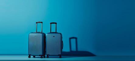 Two modern blue luggage sets on a blue background. Two suitcases ready for travel. Concept of travel, vacation, simple design, journey, minimalism. Wide Banner. Copy space photo