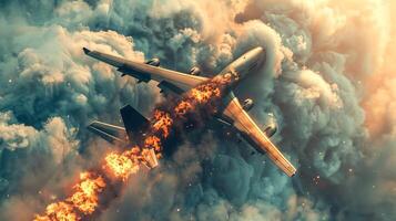 Airplane engulfed in flames descending in cloudy sky. Aircraft on fire falling through the clouds. Concept of disaster, aviation accident, emergency situation. Burning plane photo