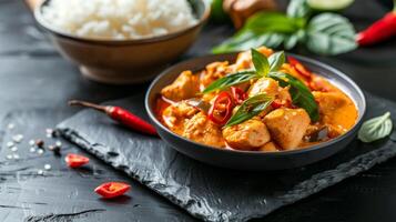Authentic Thai curry with chicken and red chili peppers, presented in a black serving bowl. Spicy and aromatic, topped with fresh herbs. Concept of exotic cuisine, culinary delights, spicy recipes photo