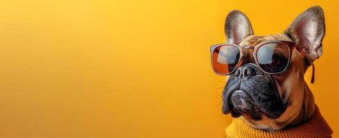 French Bulldog in stylish glasses against a yellow backdrop. dog with eyewear, showcasing intelligence. Concept of pet fashion, smart animals, canine fashion. Banner. Space for text photo
