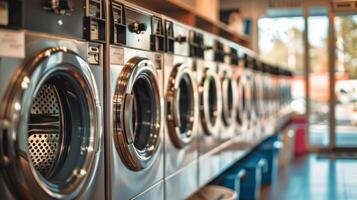 High-tech laundromat featuring sleek machines. Efficient laundry space. Concept of modern amenities, technological advancement, public service. photo