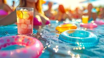 Clear glass of cocktail amidst a lively summer pool party with floating rings. Joyful and colorful summer leisure scene. Concept of festive gatherings, poolside relaxation, summer enjoyment. photo