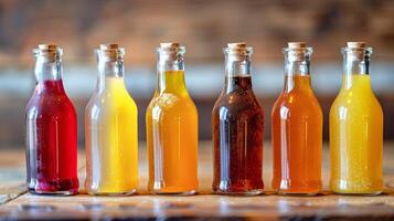 Assorted colored beverage bottles with cork lids on a wooden table. Refreshing drink variety. Beverage display, rustic design concept. Fruit juices in glass bottles photo