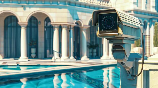 Surveillance camera overlooking a luxurious poolside area with classical architecture. Concept of security, monitoring, safety, property protection photo