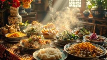 Assortment of Thai dishes on a banquet table, set in a traditional dining setting with steam rising. Thai meal. Concept of Asian dining experience, cultural feast, and authentic cuisine. photo
