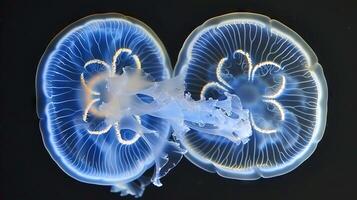 Two jellyfish are shown in a close up. Medusa isolated on black background. photo