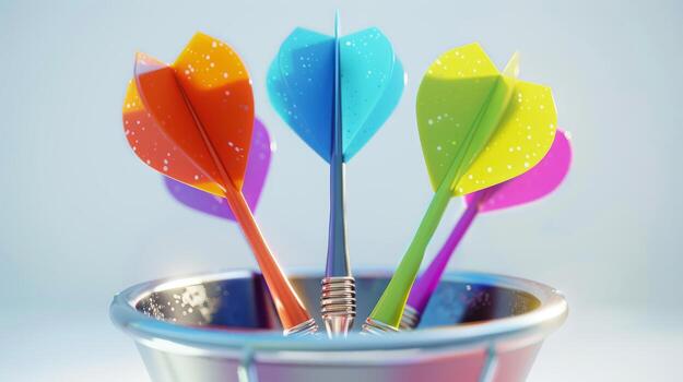Colorful darts in a sparkling metallic dartboard. Concept of precision, target practice, recreational game, vibrant design photo