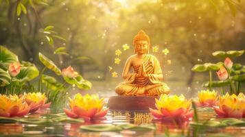 Buddha meditating on lotus position in natural setting. Concept of enlightenment, Zen, religion, spiritual awakening, Buddha Purnima, Vesak day. Digital art. Greeting card with space for text photo