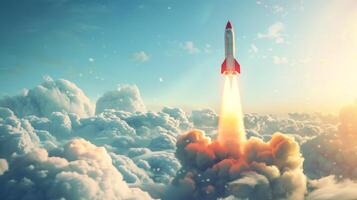 White and red rocket launching into the sky with clouds. Concept of space travel, exploration, aerospace engineering, adventure photo