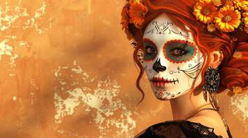 Woman decorated with Day of the Dead makeup. Lady with sugar skull face paint and floral accessories. Concept of Mexican culture, traditional celebration, Halloween. Banner. Copy space photo