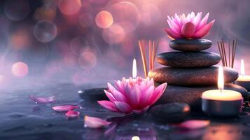 Calming spa scene with stacked stones, pink lotus, and flickering candles. Concept of meditation, relaxation, and zen atmosphere. Banner. Space for text photo
