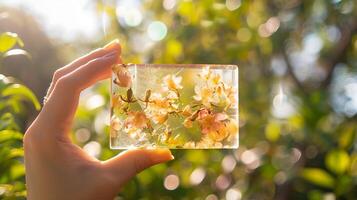 Transparent floral soap bar. Hand presenting a botanical soap with embedded flowers. Concept of natural skincare, sustainable beauty products, and eco-conscious crafts. photo