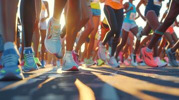 Crowd of runners starting a race in the morning light. Legs and colorful shoes of athletes. Concept of marathon, running event, competition, and fitness photo