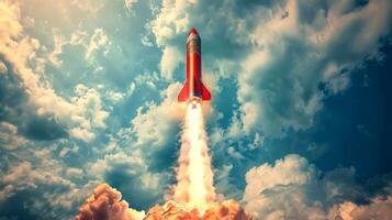 Red Rocket Launching into Sky with Clouds in Background. Symbol of Innovation, Exploration, and Adventure photo