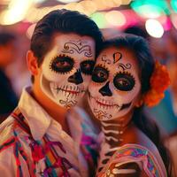 Couple in Halloween costumes with skull face paint at festival. Man and woman celebration outdoors. Concept of spooky festivity, Halloween party, festive makeup, Day of the Dead, Dia de los Muertos photo