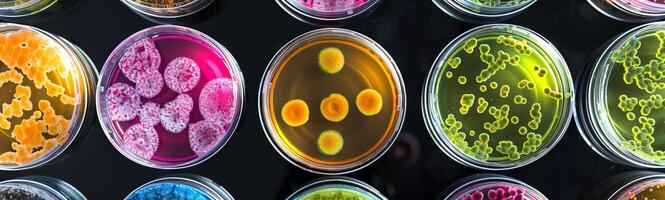Various colorful bacterial cultures in petri dishes. Scientific experiment in microbiology. Concept of science, biology, laboratory research, medical studies photo
