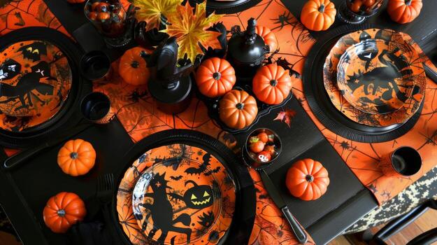 Halloween-themed festive table setting with pumpkins plates and autumn leaves decorations. Concept of Halloween party, holiday decor, autumn celebration, spooky dinner photo