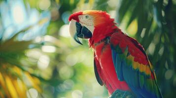 Scarlet macaw with vibrant plumage in lush tropical jungle. Concept of exotic bird, rainforest wildlife, colorful parrot, nature habitat photo