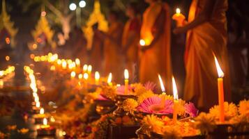Buddhist monks in orange robes during candlelight vigil. Rows of glowing candles and flowers in a temple. Concept of peace, meditation, religious ceremony, and Buddhist tradition photo