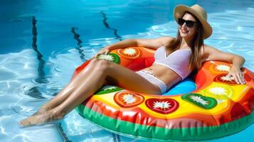 Young woman relaxing on inflatable ring in the pool. Happy female lounging in inflatable ring on water. Concept of summer, leisure, relaxation, swimming pool activities photo