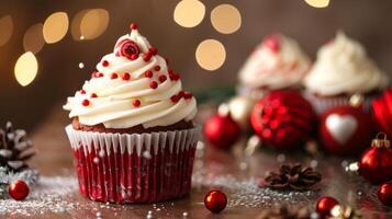Festive Christmas cupcake with red wrapper and cream frosting. Holiday dessert concept. Christmas decorations. Festive food display. Copy space photo