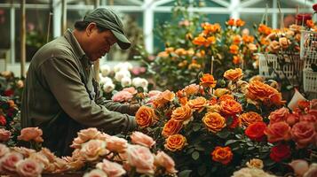 asiático hombre arreglando naranja rosas en un flor tienda invernadero florista trabajando con flores concepto de jardinería, flor acuerdo, y pequeño negocio foto