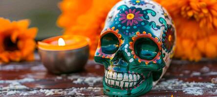Vibrant, decorative skull for Day of the Dead. Colorful Dia de los Muertos. Concept of cultural celebration, Mexican tradition, festive, vibrant decor, Halloween photo