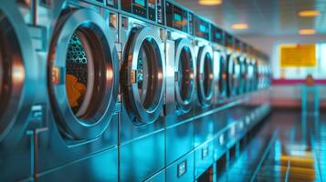 Public laundromat with sleek washing machines. High-tech laundry facility. Concept of technology, efficiency, modern public amenities. photo