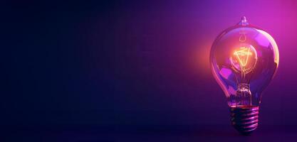 Glowing light bulb on a dark purple background. Illuminated bulb with vibrant hues. Concepts of innovation, creativity, and bright ideas. Copy space photo
