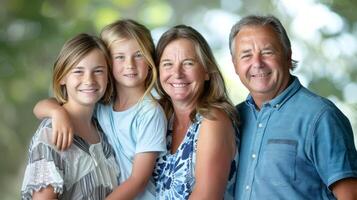Caucasian family portrait with parents and two daughters outdoor. Concept of family bonding, parent-child relationship, happiness, togetherness photo