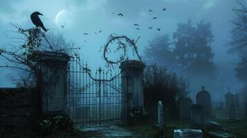 Foggy graveyard with an iron gate and a crow perched on a pillar. Eerie cemetery scene with gravestones. Spooky atmosphere, Halloween night, gothic setting concept photo
