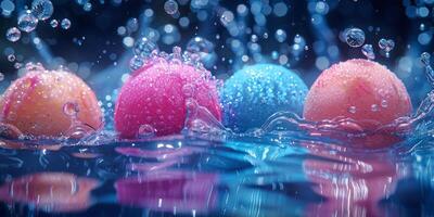 Colorful swirling bath bomb dissolving in water with dynamic splashes. Vivid colors blending in a mesmerizing aquatic dance. Concept of vibrant self-care products and relaxation. photo