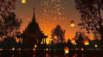 Twilight over a Thai temple with sky lanterns aloft. Dusk setting with ceremonial lanterns. Concept of Visakha Bucha Day, cultural heritage, festive traditions, and spiritual gatherings. photo
