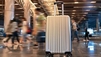 Suitcase in modern airport terminal. Travel luggage, journey preparation, tourism, vacation, transportation concept photo