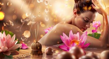Woman relaxing in a floral bath with water lilies. Thai Spa setting with natural elements. Concept of natural beauty treatments, relaxation, and wellness. Banner with space for text. photo