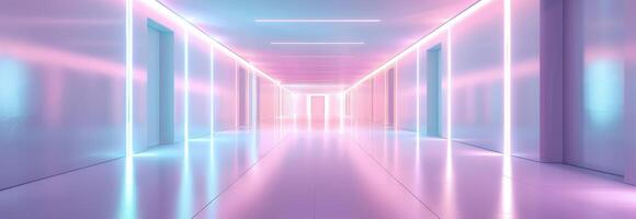 Futuristic hallway with pink and blue neon lights. Modern corridor illuminated by vibrant LED strips. Technology, futuristic design, modern architecture concept photo