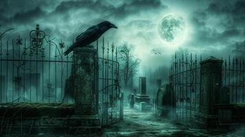 Foggy graveyard with an iron gate and a crow perched on a pillar. Eerie cemetery scene with gravestones. Spooky atmosphere, Halloween night, gothic setting concept photo